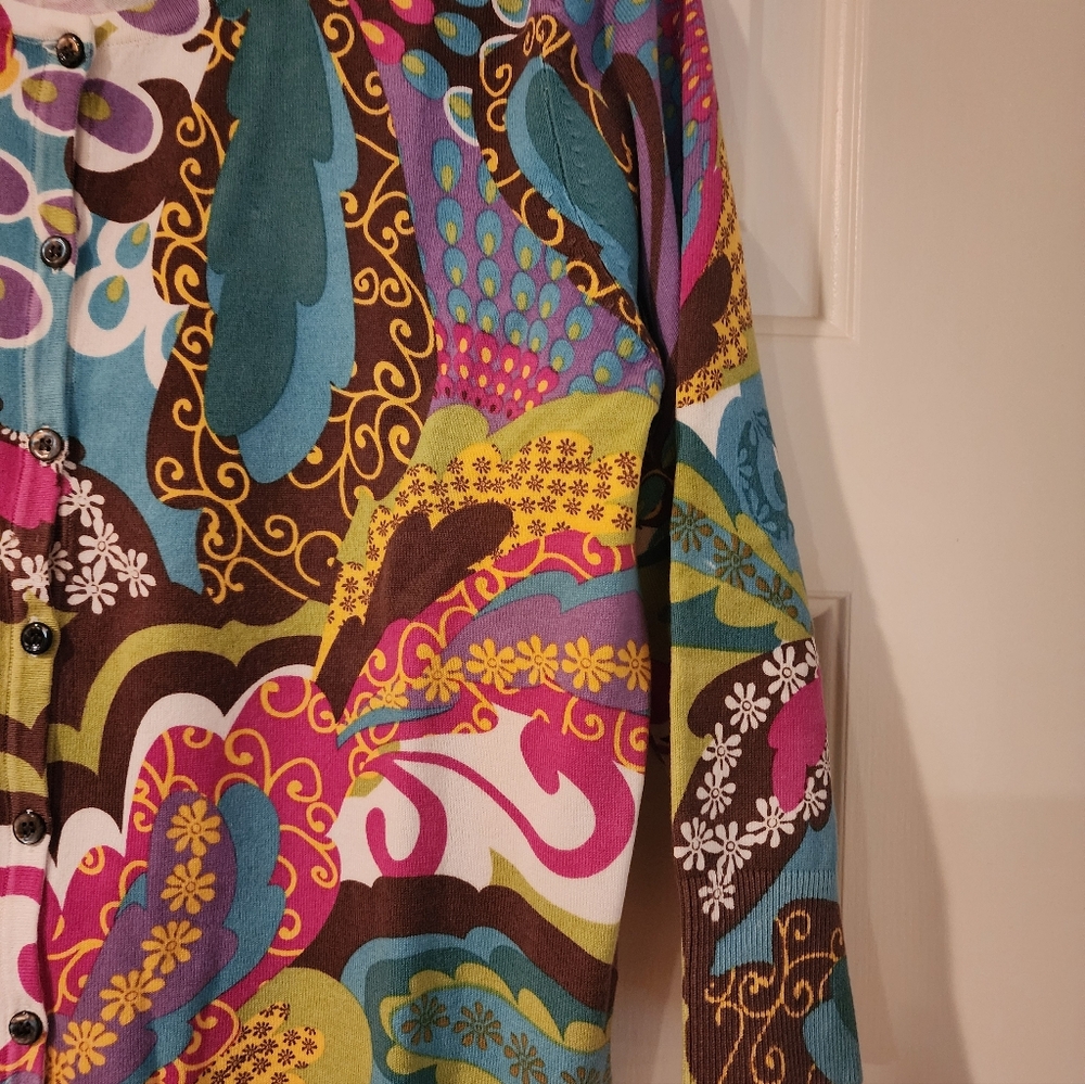 AUGUST SILK COMPANY COLORFUL PAISLEY PATTERN CARDIGAN LARGE EUC - Picture 3 of 8
